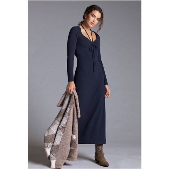 NEW Anthropologie Black Tie-Front Slit Midi Dress Small Medium Large & X-Large - Picture 4 of 5